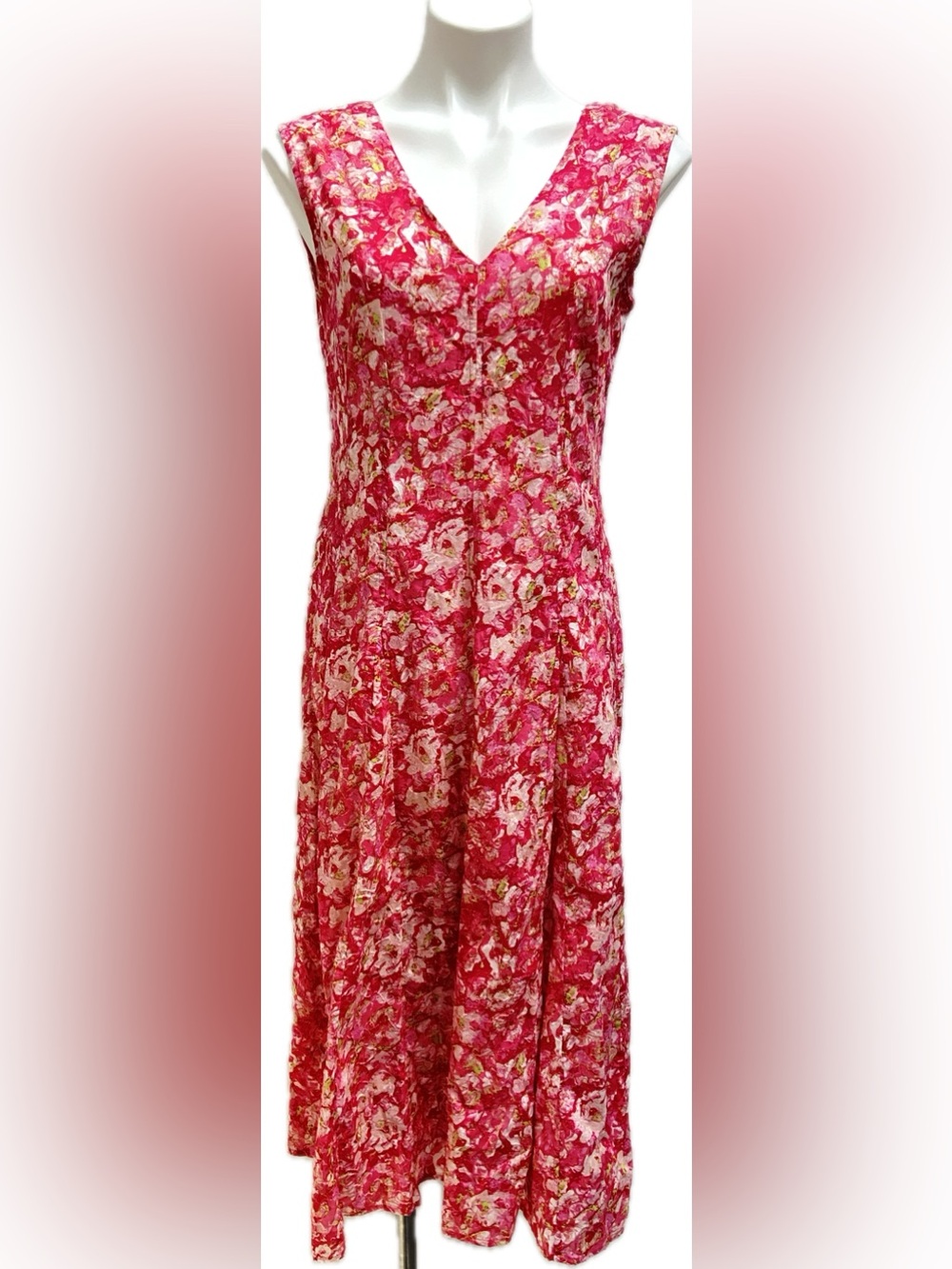 DEREK LAM 10 CROSBY PINK MICRO FLORAL VNECK ROMANTIC MIDI DRESS